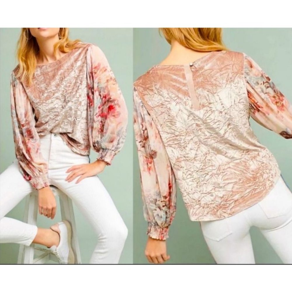Anthropologie Meadow Rue Top XS Extra Small Pink Floral Velvet Long Sleeve